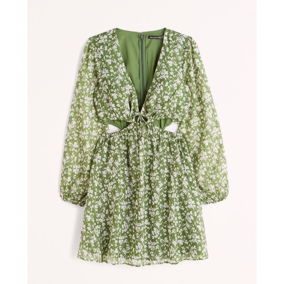 NWT Abercrombie & Fitch Long-sleeve sheer Green Floral Cutout Dress - Small - Picture 2 of 10